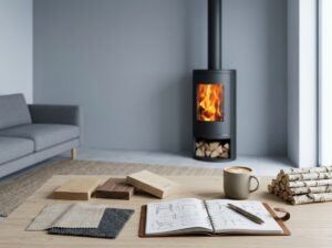 Inspiration décoration scandinave avec poele a bois noir moderne et matériaux naturels