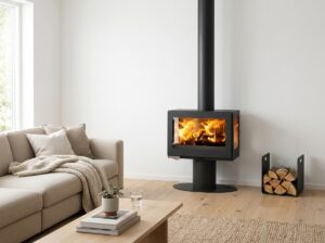 Poele a bois scandinave noir dans un coin salon nordique lumineux avec feu visible