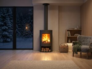 Poele a bois noir allumé dans un salon scandinave en soirée avec ambiance cocooning