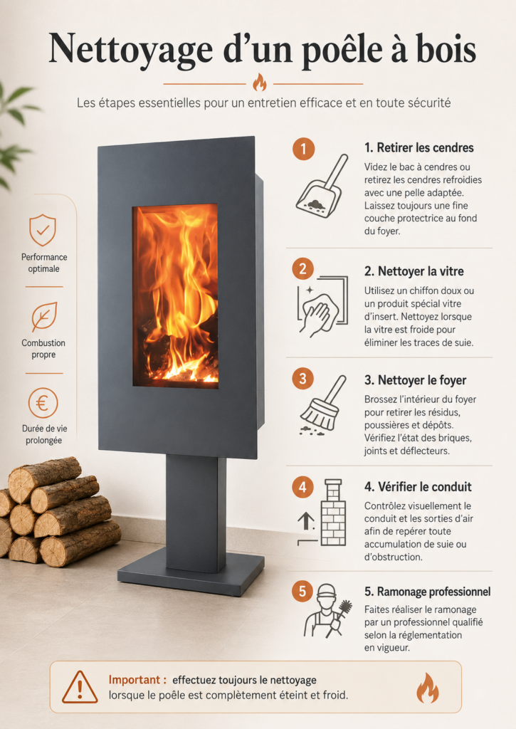 étapes nettoyage poele a bois infographie