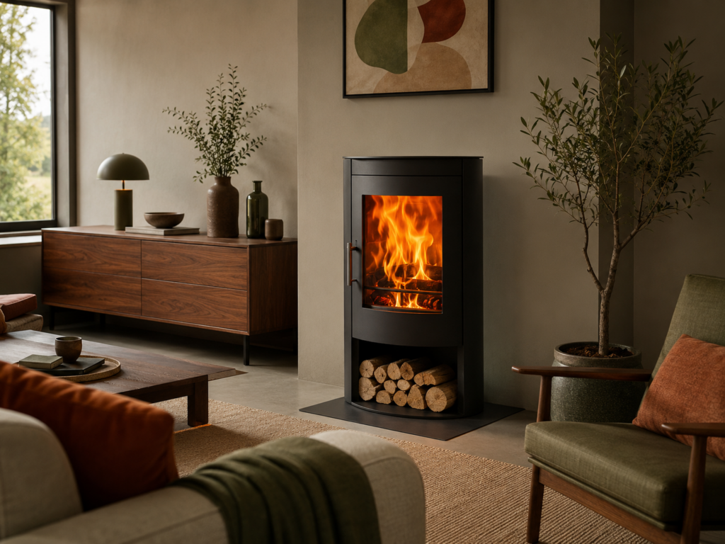 poele a bois double combustion dans un salon moderne