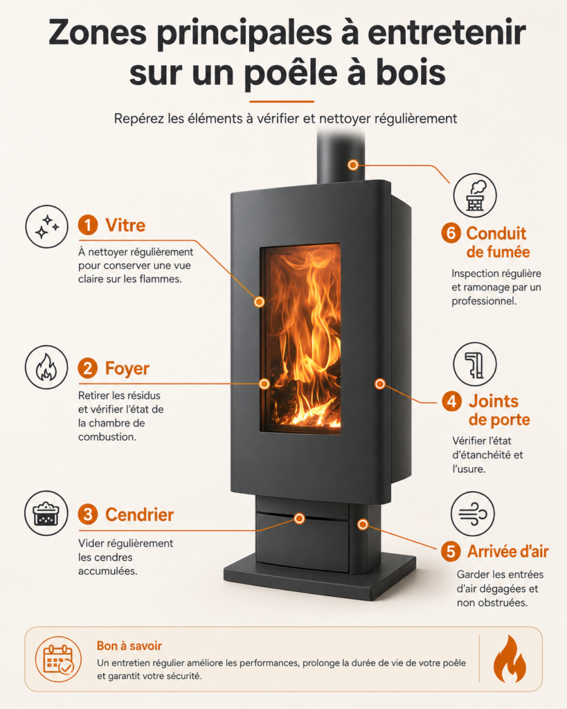 schema entretien poele a bois zones importantes