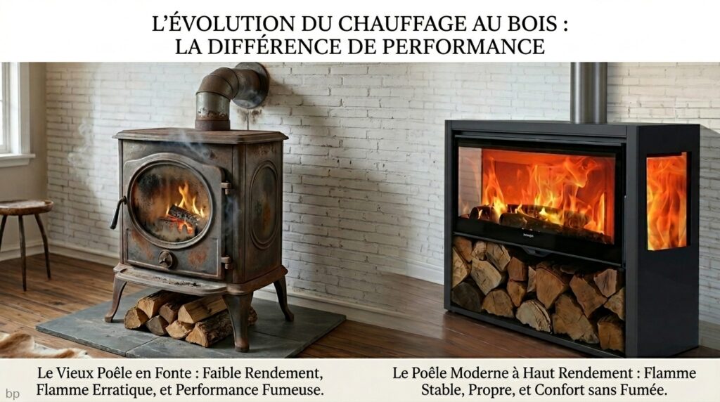 Différence entre un poêle ancien avec fumée et un poêle moderne à combustion propre