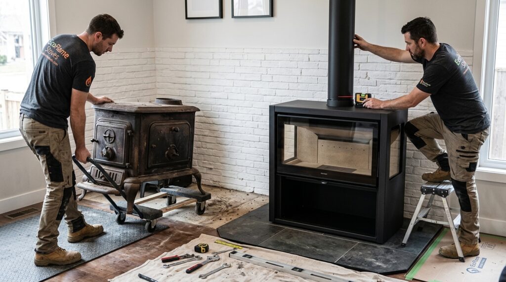 Remplacement d’un poêle à bois avec installation d’un nouveau modèle